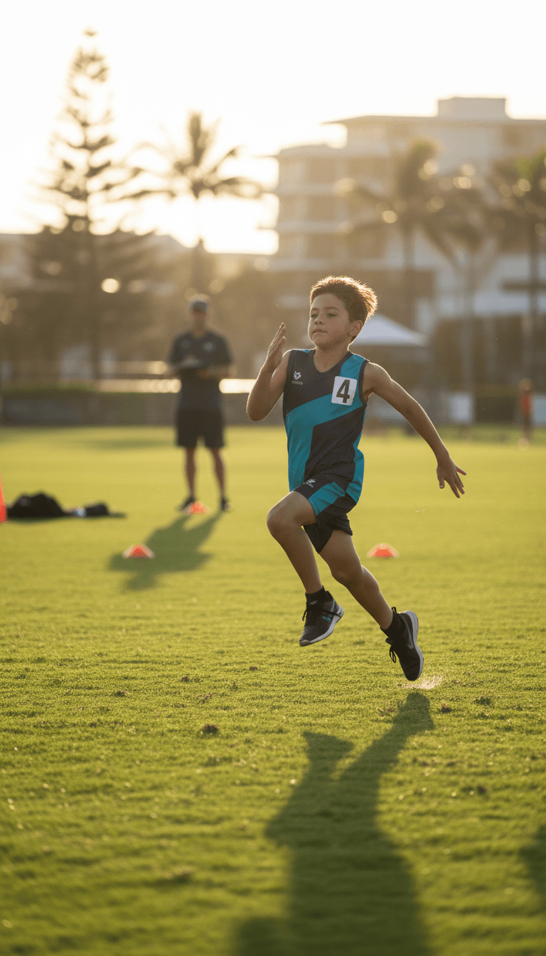 Junior athletes performing movement drills on a grass field